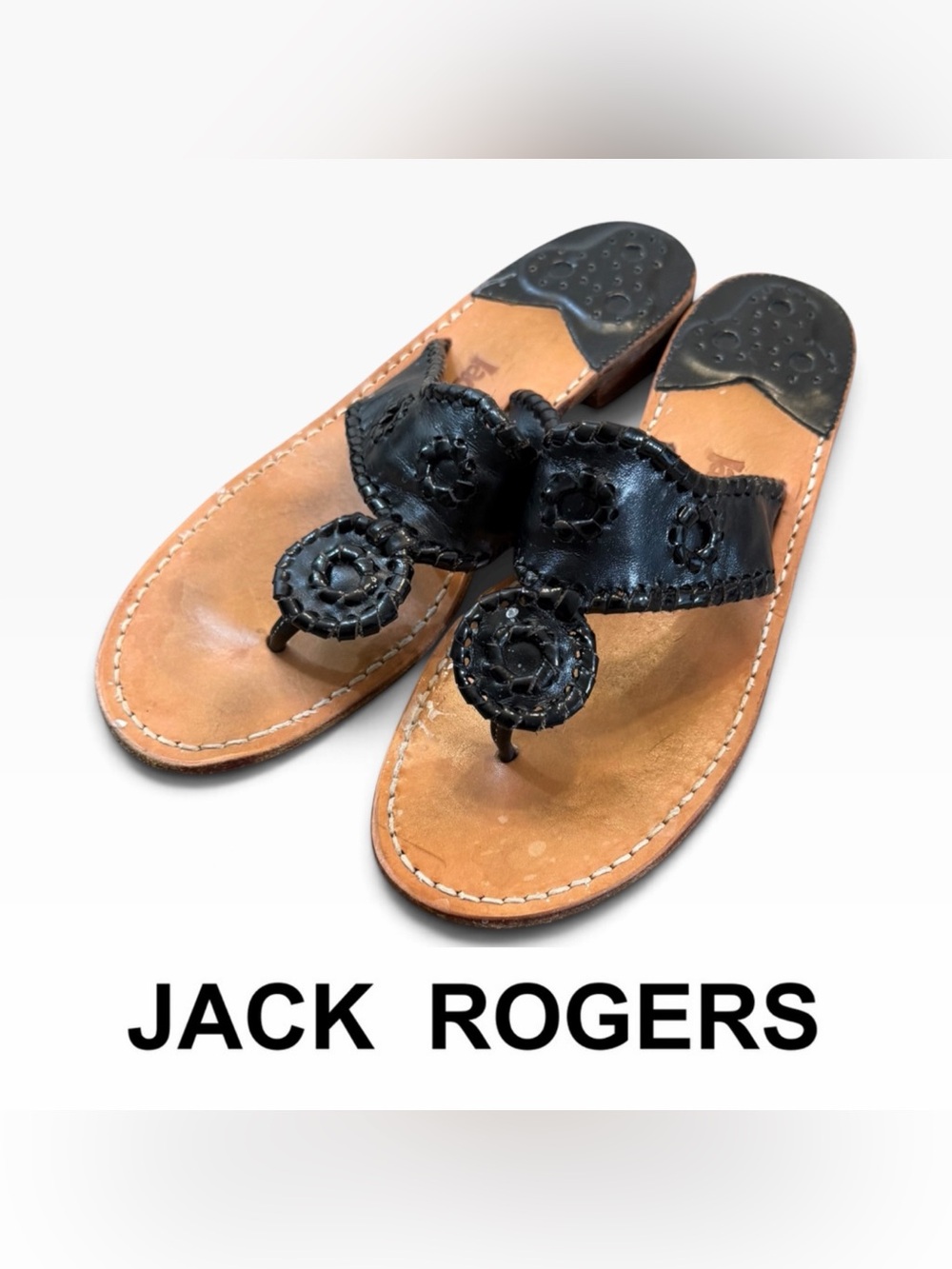 Jack Rogers Jacks Black Leather Thong Sandals